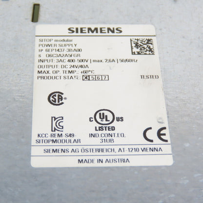 Siemens 6EP1437-3BA00 24V DC 40A Power Supply 400-500VAC 3PH Input PARTS/REPAIR