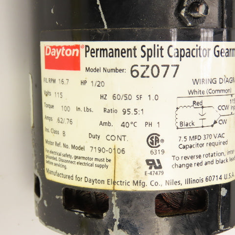 Dayton 6Z077 1/20HP Inline Gearmotor 16.7RPM Out 115V Single Phase 100 LB Torq.