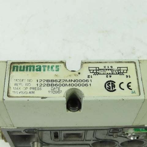 Numatics 122BB6Z2MN00061 Pneumatic Solenoid Valve 150PSI 24VDC Coil