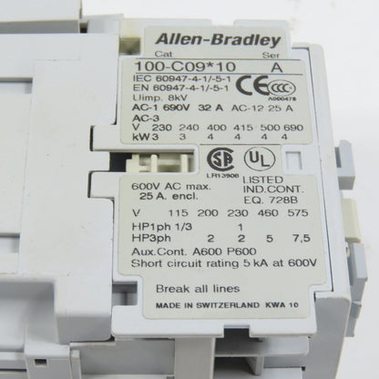 Allen Bradley 100-C09*10 Ser A C09 Contactor 600VAC Max W/ 120V 50/60HZ Coil