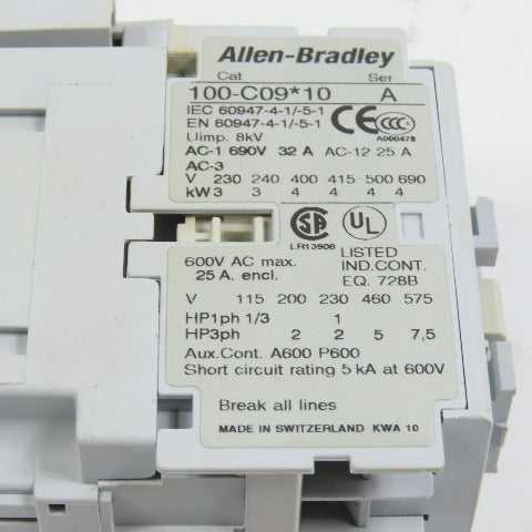 Allen Bradley 100-C09*10 Ser A C09 Contactor 600VAC Max W/ 120V 50/60HZ Coil