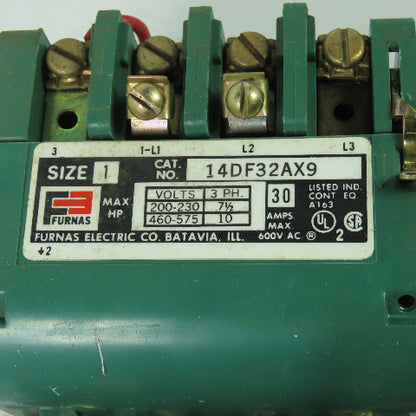 Furnas 14DF32AX9 Size 1 600VAC Motor Starter 30A 7-1/2 -10HP 120V Coil