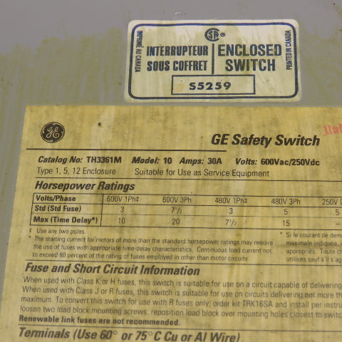 GE TH3361M 30A 600VAC Fusible Heavy Duty Safety Disconnect Switch 20HP