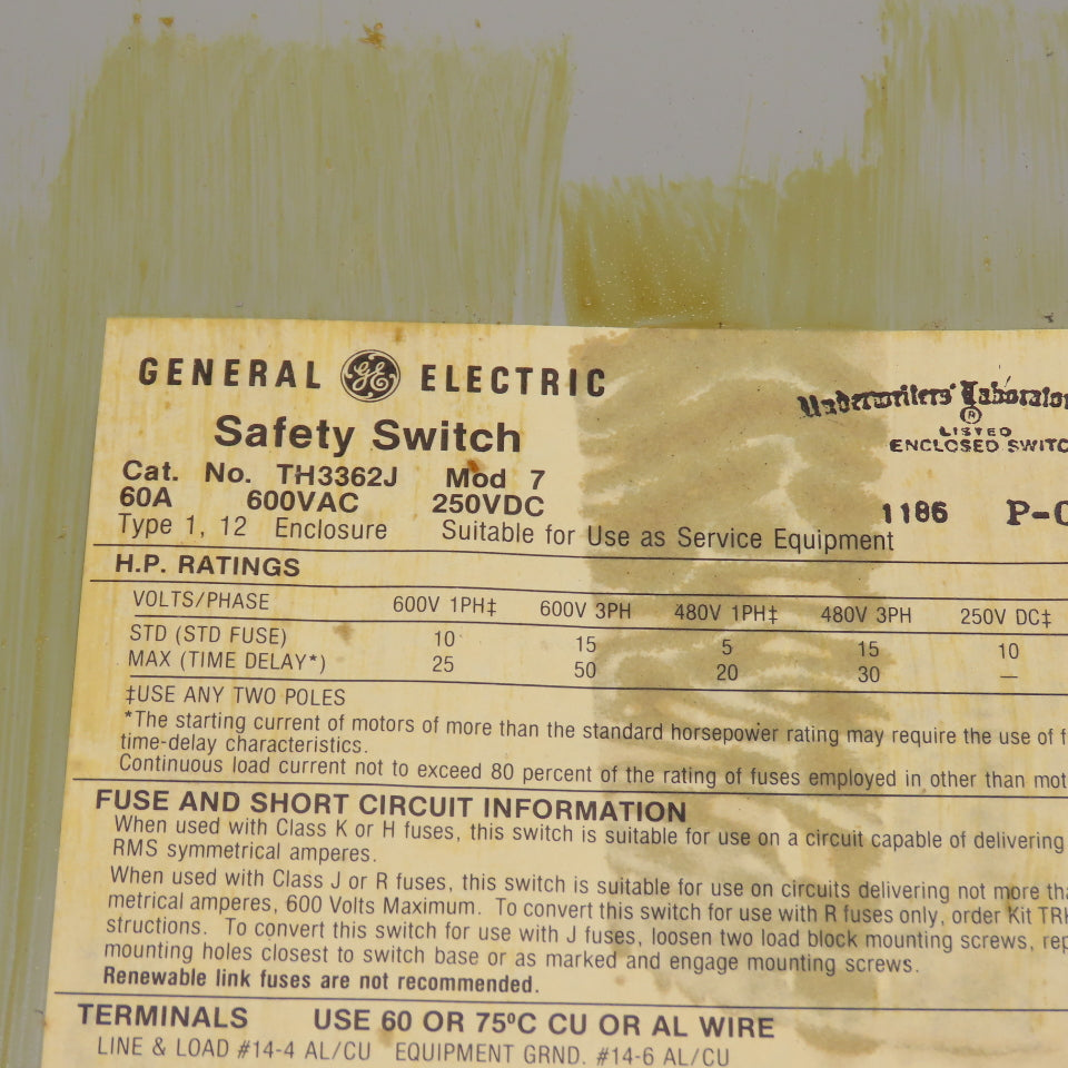 GE TH3362J Fusible Heavy Duty 60A Safety Disconnect Switch 600VAC 250VDC