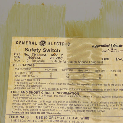 GE TH3362J Fusible Heavy Duty 60A Safety Disconnect Switch 600VAC 250VDC