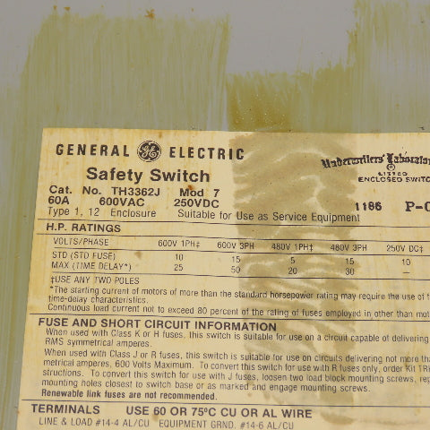 GE TH3362J Fusible Heavy Duty 60A Safety Disconnect Switch 600VAC 250VDC