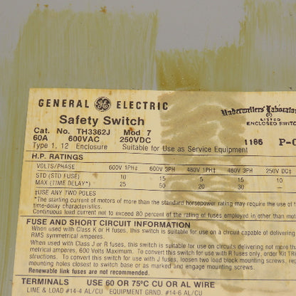 GE TH3362J Fusible Heavy Duty 60A Safety Disconnect Switch 600VAC 250VDC