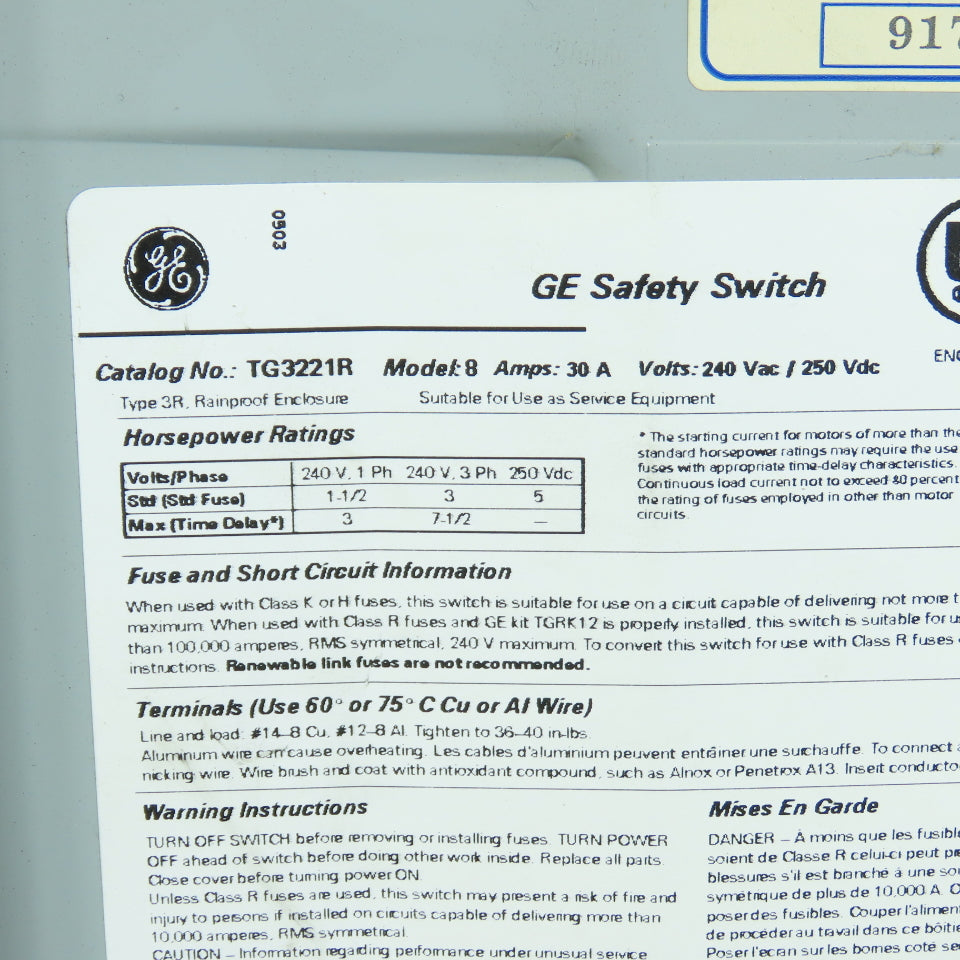 GE TG3221R Fusible General Duty 30A Safety Disconnect Switch 240VAC 3R Enc.