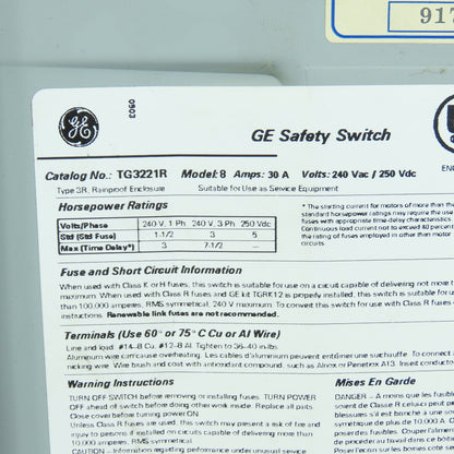 GE TG3221R Fusible General Duty 30A Safety Disconnect Switch 240VAC 3R Enc.