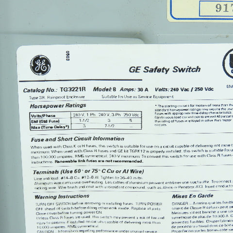 GE TG3221R Fusible General Duty 30A Safety Disconnect Switch 240VAC 3R Enc.