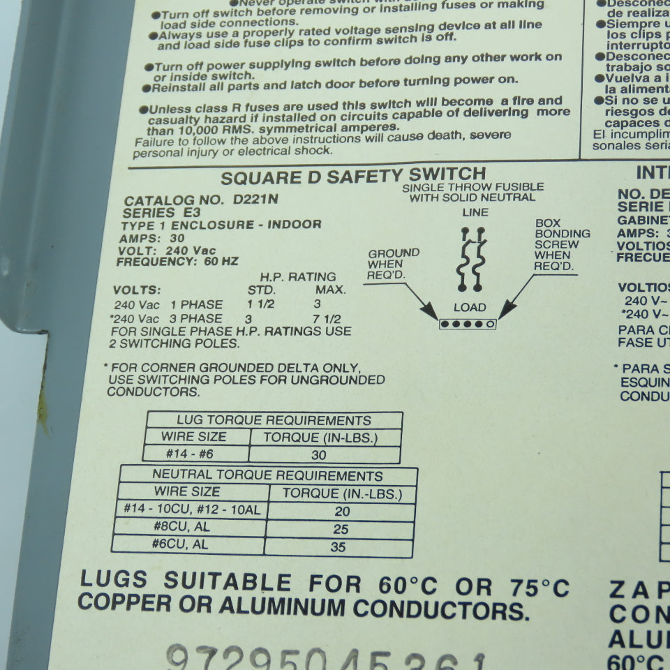 Square D D221N 30A 240VAC 2 Pole Non-Fusible Safety Disconnect Switch NEW