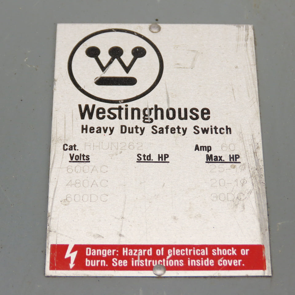 Westinghouse RHUN262 60A 600VAC Non Fusible Safety Disconnect Switch Type 3R