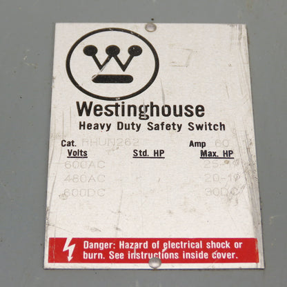 Westinghouse RHUN262 60A 600VAC Non Fusible Safety Disconnect Switch Type 3R