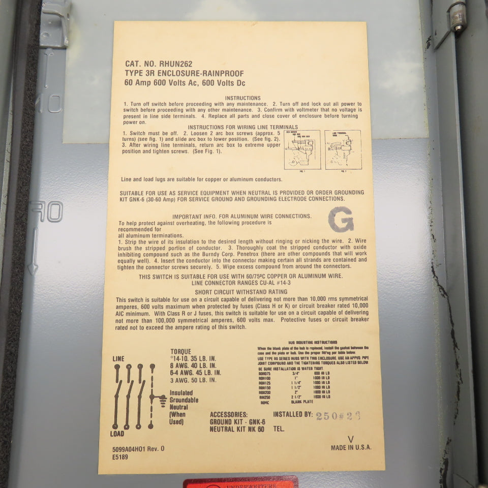 Westinghouse RHUN262 60A 600VAC Non Fusible Safety Disconnect Switch Type 3R