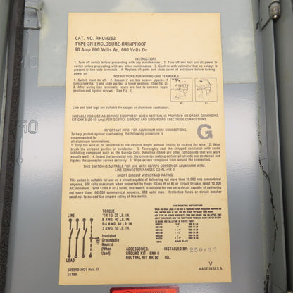 Westinghouse RHUN262 60A 600VAC Non Fusible Safety Disconnect Switch Type 3R