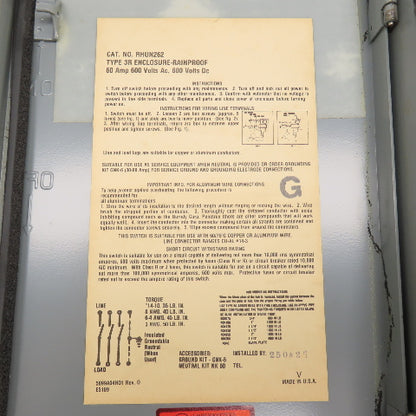 Westinghouse RHUN262 60A 600VAC Non Fusible Safety Disconnect Switch Type 3R