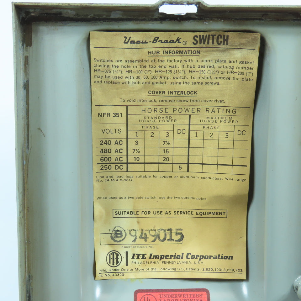 ITE NFR-351 30A 600VAC Non Fusible Heavy Duty Safety Disconnect Switch Raintight
