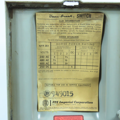 ITE NFR-351 30A 600VAC Non Fusible Heavy Duty Safety Disconnect Switch Raintight