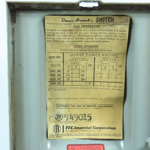 ITE NFR-351 30A 600VAC Non Fusible Heavy Duty Safety Disconnect Switch Raintight