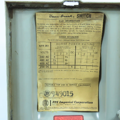 ITE NFR-351 30A 600VAC Non Fusible Heavy Duty Safety Disconnect Switch Raintight