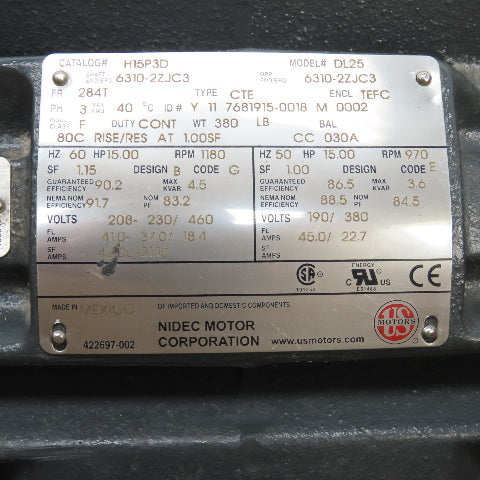 Nidec H15P3D DL25 15HP AC Electric Motor 1180RPM 208-230/460V 3PH 284T Frame NEW