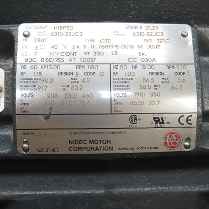 Nidec H15P3D DL25 15HP AC Electric Motor 1180RPM 208-230/460V 3PH 284T Frame NEW