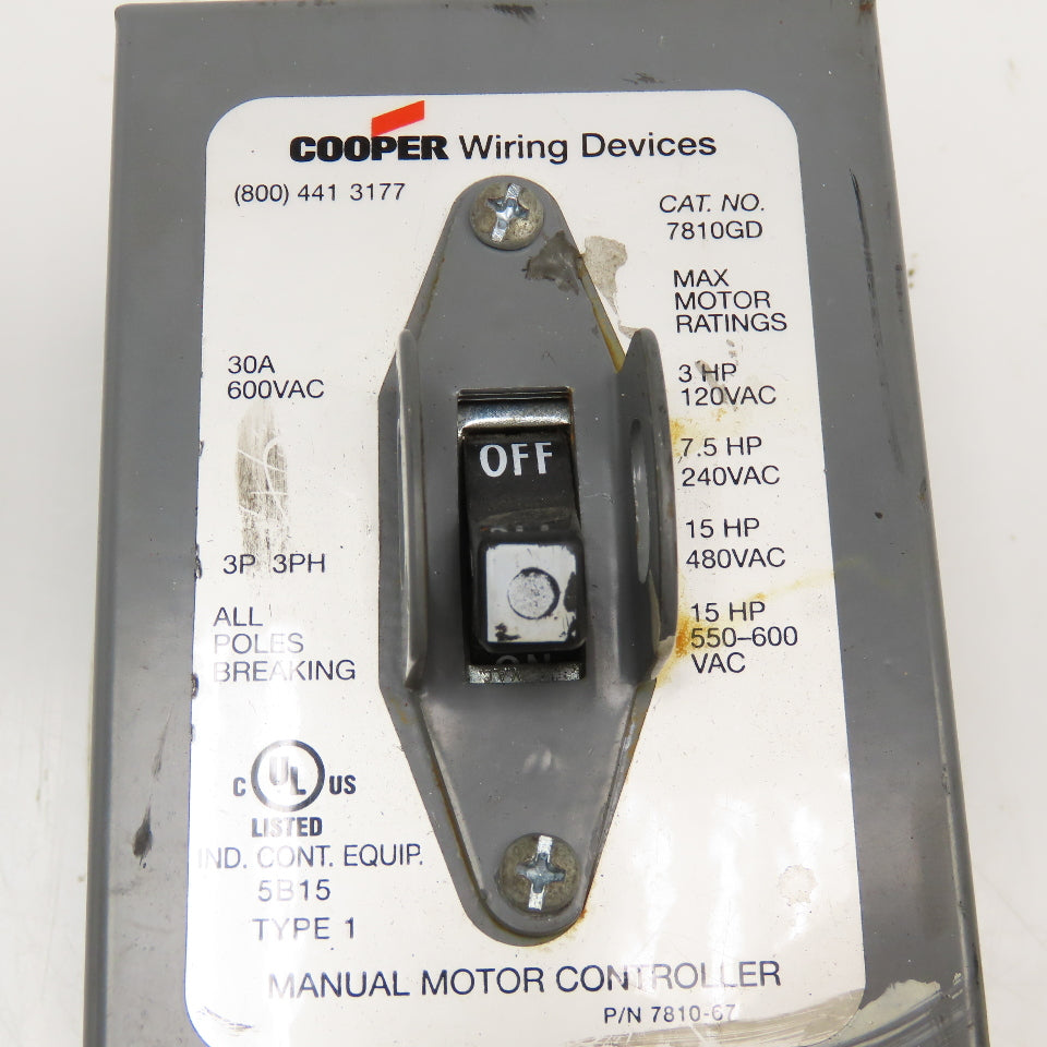Cooper 7810GD 600VAC 30A 3P 3Ph 15Hp Max Manual Motor Controller