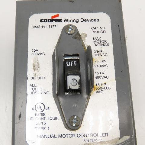 Cooper 7810GD 600VAC 30A 3P 3Ph 15Hp Max Manual Motor Controller