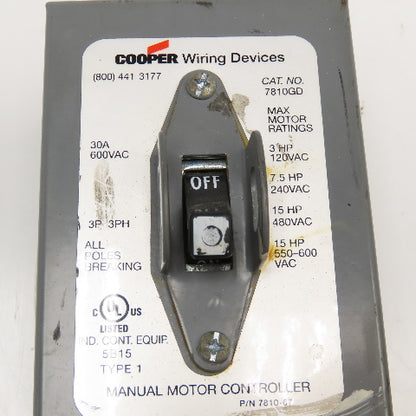 Cooper 7810GD 600VAC 30A 3P 3Ph 15Hp Max Manual Motor Controller