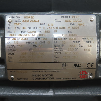 Nidec H15P3D DL25 15HP Electric Motor 1180RPM 208-230/460V 3PH 284T Frame NEW