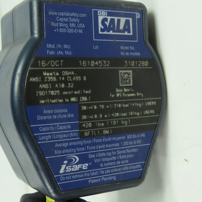 DBI Sala 3101280 Quick Connect Self Retracting Lifeline 420LB Capacity