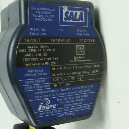DBI Sala 3101280 Quick Connect Self Retracting Lifeline 420LB Capacity