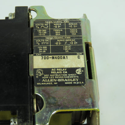 Allen Bradley 700-N400A1 Ser C Bulletin 700 Type N Control AC Relay 120V Coil