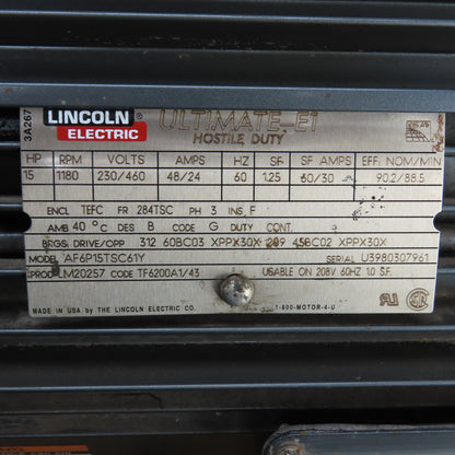Lincoln AF6P15TSC61Y 15HP Electric Motor 1180RPM 208-230/460V 3PH 284TSC Frame