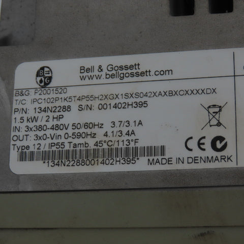 Bell & Gossett 134N2288 Technologic Pump Controller 1.5KW 2 HP 380/480V 3.7A In