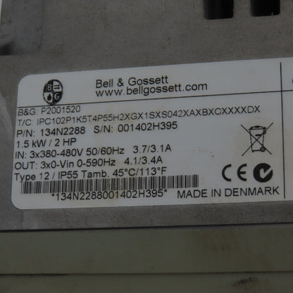 Bell & Gossett 134N2288 Technologic Pump Controller 1.5KW 2 HP 380/480V 3.7A In