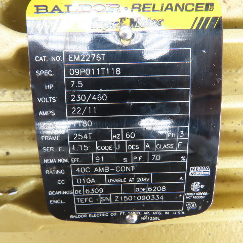 Baldor EM2276T 7.5HP AC Electric Motor 1180RPM 208-230/460V 3PH 254T Frame