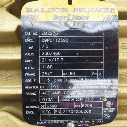 Baldor EM2276T 7.5HP AC Electric Motor 1180RPM 208-230/460V 3PH 254T Frame