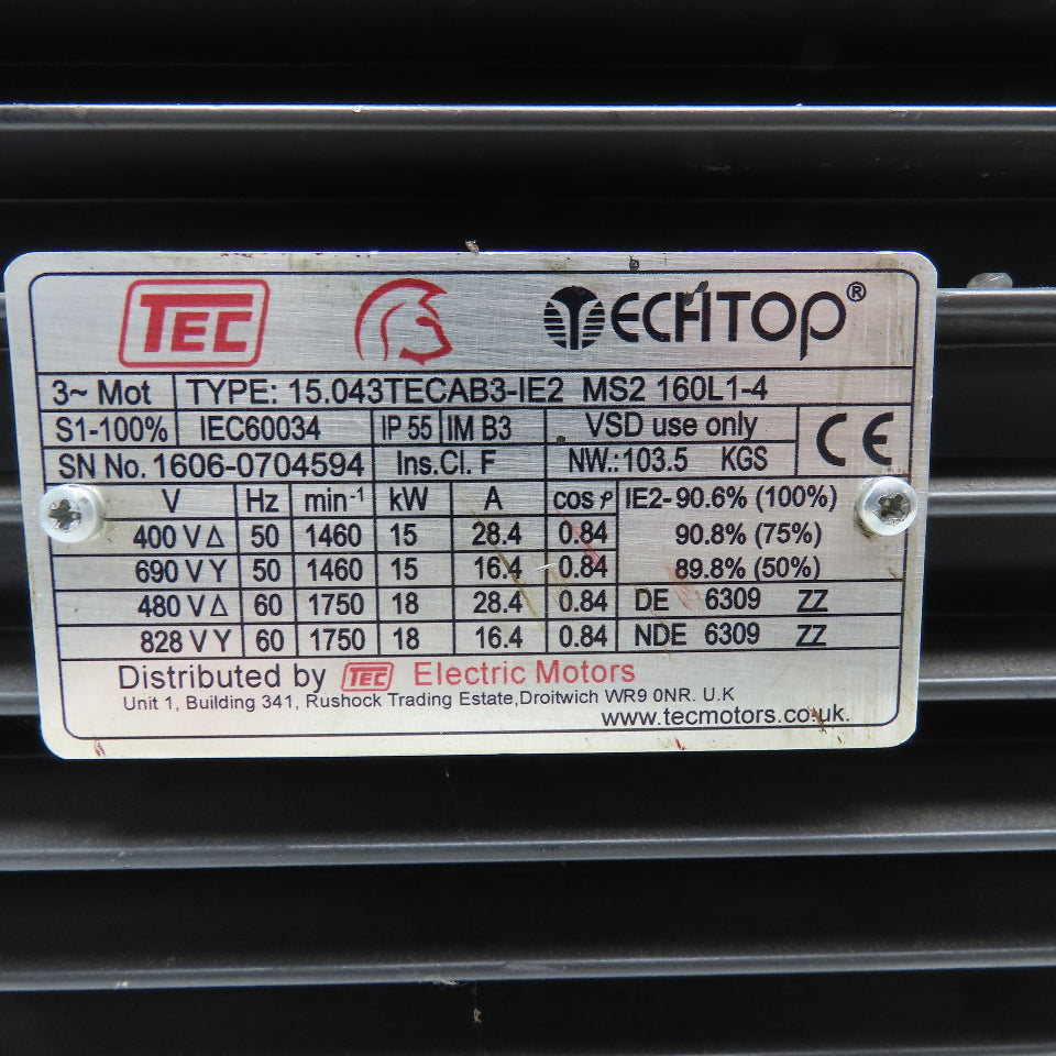Tec 15.043TECAB3-1E2 18/15kW 50/60Hz 400-828V 3Ph AC Motor Tested