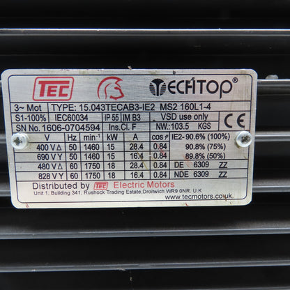 Tec 15.043TECAB3-1E2 18/15kW 50/60Hz 400-828V 3Ph AC Motor Tested