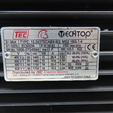 Tec 15.043TECAB3-1E2 18/15kW 50/60Hz 400-828V 3Ph AC Motor Tested