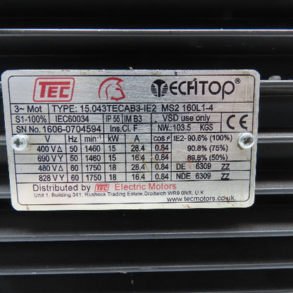 Tec 15.043TECAB3-1E2 18/15kW 50/60Hz 400-828V 3Ph AC Motor Tested
