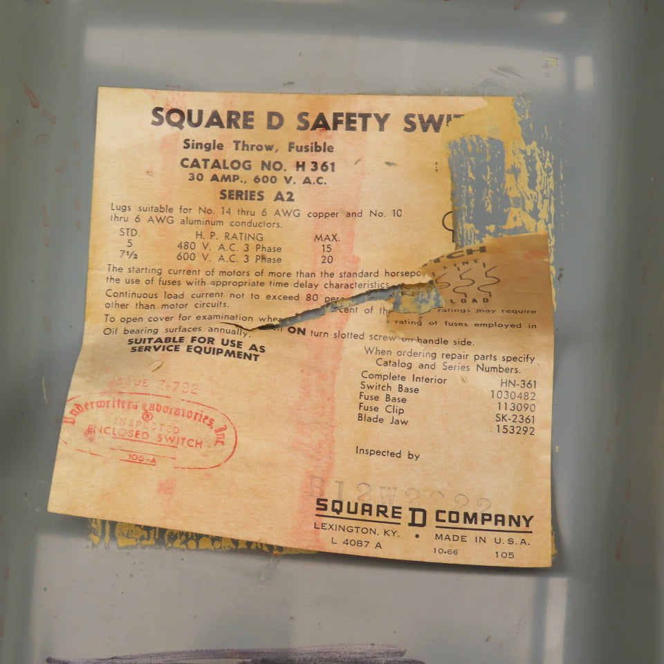 Square D H361 30A Fusible General Duty Safety Disconnect Switch 600V 20HP