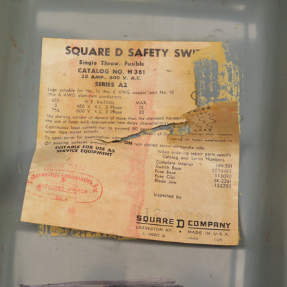 Square D H361 30A Fusible General Duty Safety Disconnect Switch 600V 20HP
