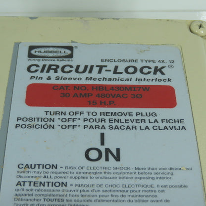 Hubbell HBL430MI7W 30A Pin & Sleeve Mechanical Interlock Receptacle Switch 480V