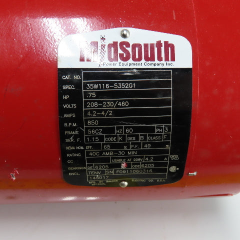 Mid South 35W116-5352G1 Baldor 0.75Hp Electric Motor 3Ph 230/460V 850RPM