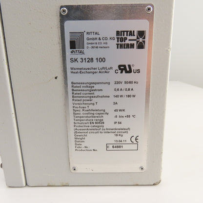 Rittal SK 3128 100 Air To Air Heat Exchanger Cooling Unit 220V Single Phase 180W