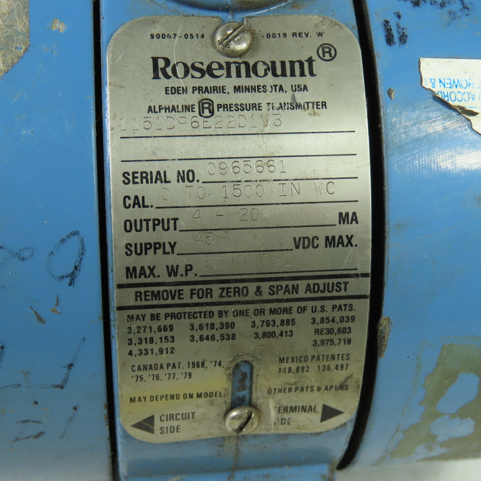 Rosemount 1151DP6E22D1V3 2000PSI Pressure Transmitter 45VDC 4-20MA