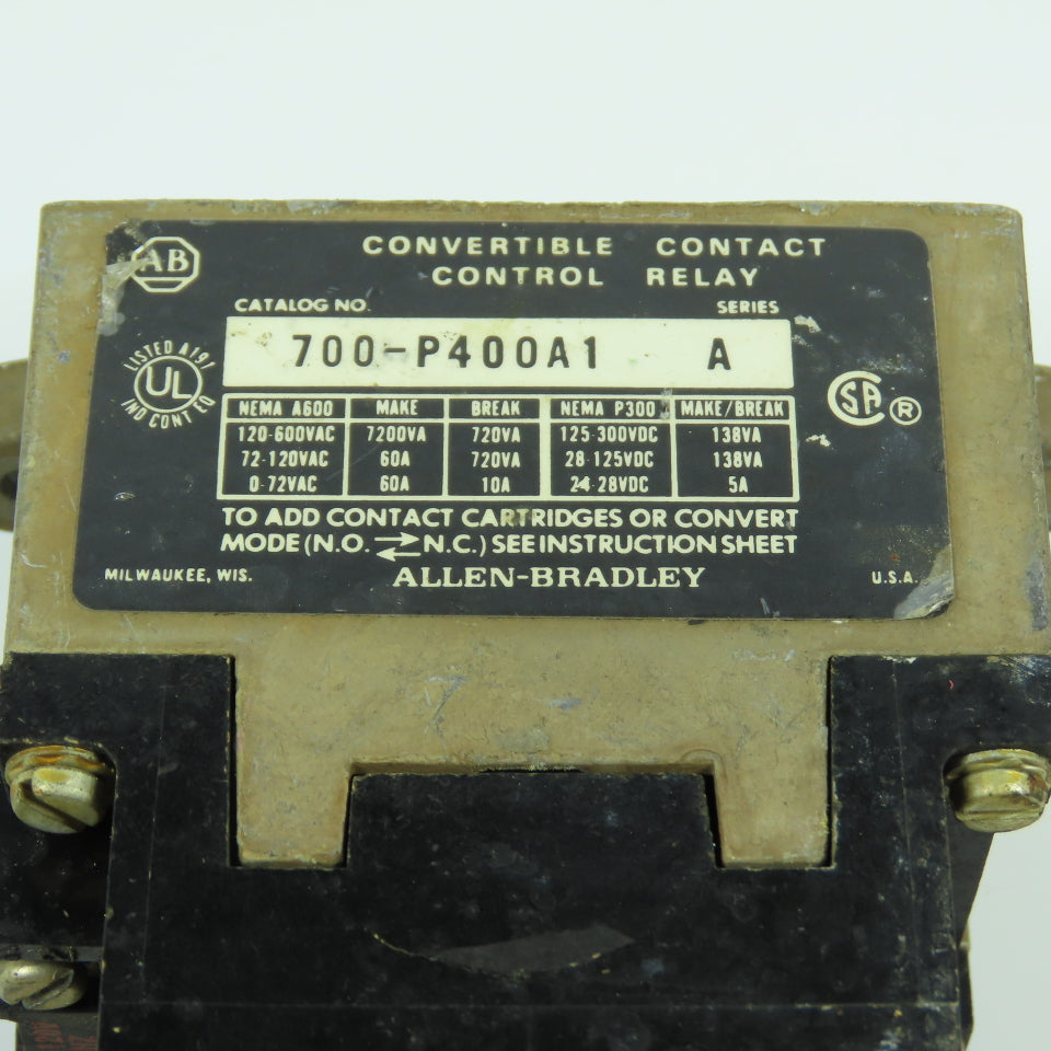 Allen Bradley 700-P400A1 Convertible Contact AC Control Relay 120V Coil