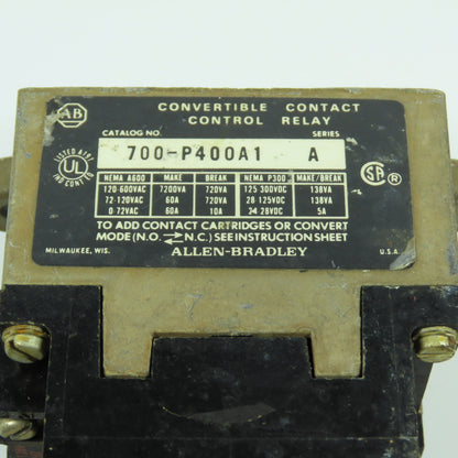 Allen Bradley 700-P400A1 Convertible Contact AC Control Relay 120V Coil